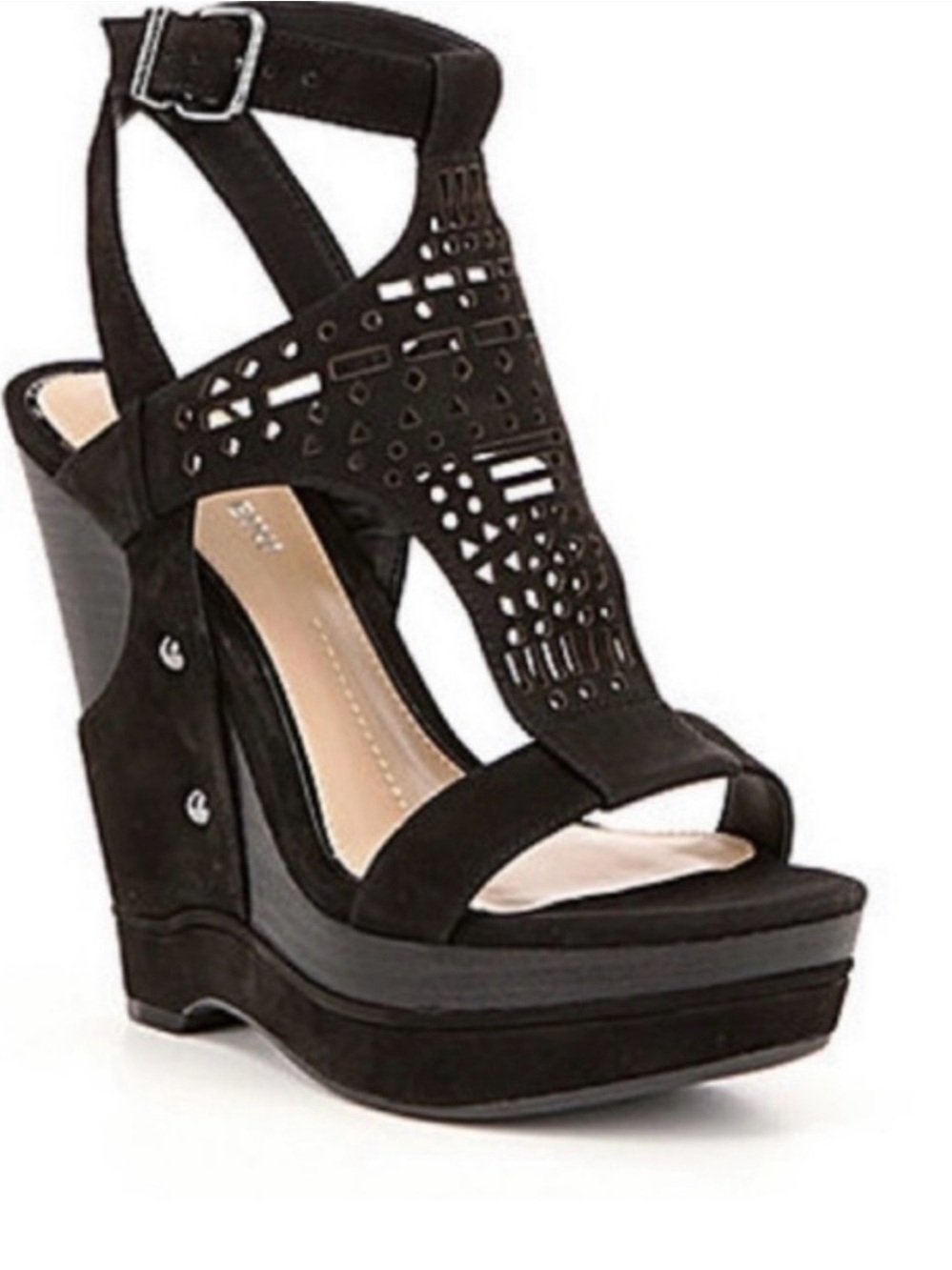 Gianni Bini Jentrie Black Strappy Platform Heels with Cutout Detail